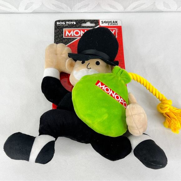 5 for $25| Monopoly Uncle Pennybags Dog Toy Squeak and Crinkle with rope NEW - Picture 3 of 5